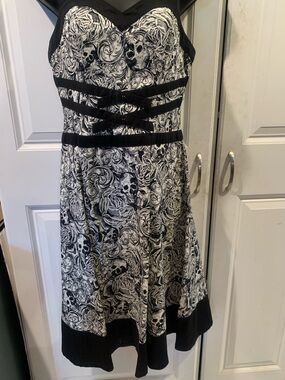 Black and White Skull-Print Fit & Flare Dress